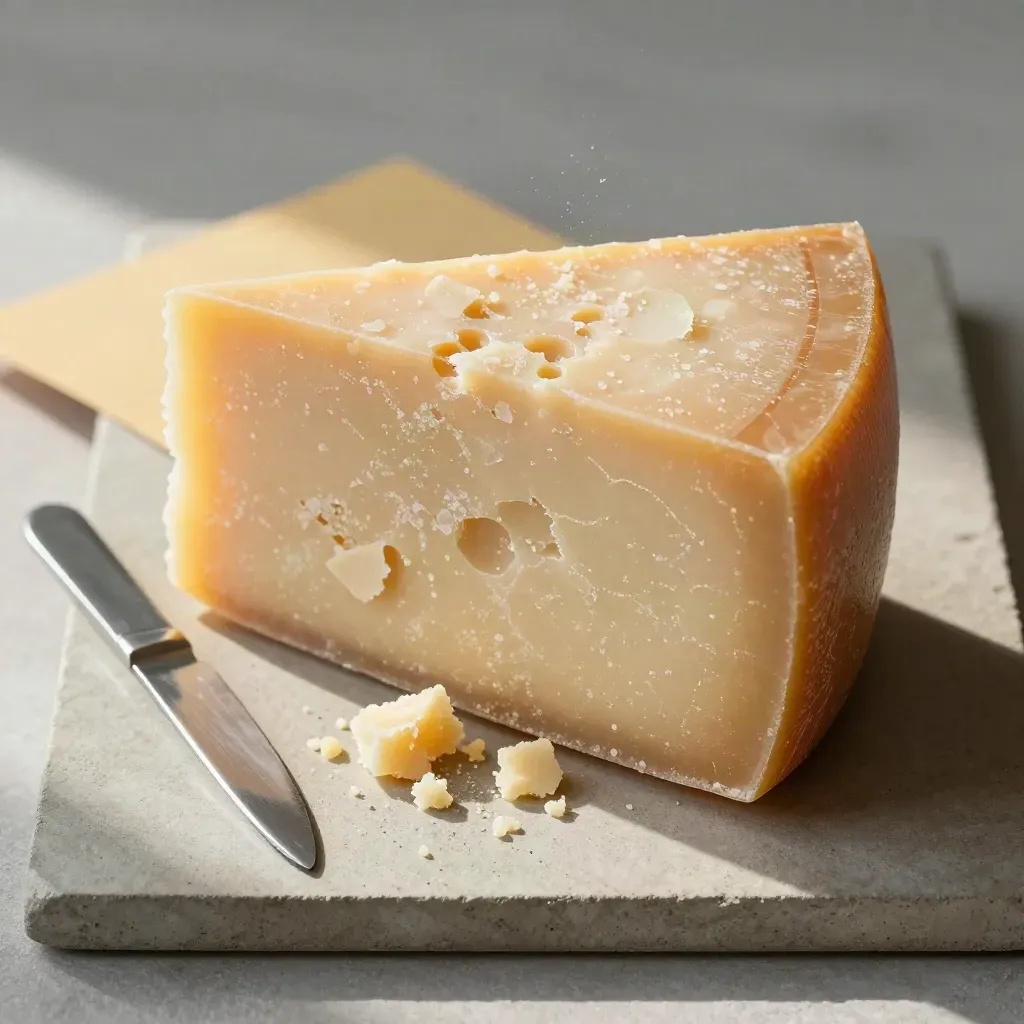 Scaglie di Parmigiano e coltellino su pietra chiara, vista dall'alto.
