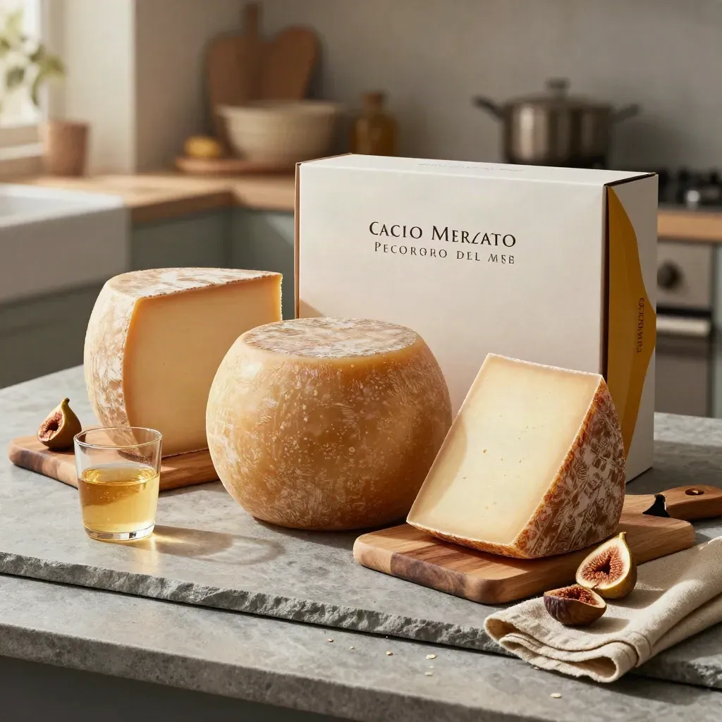 Box regalo di pecorino con miele, fichi secchi e taglieri su pietra.