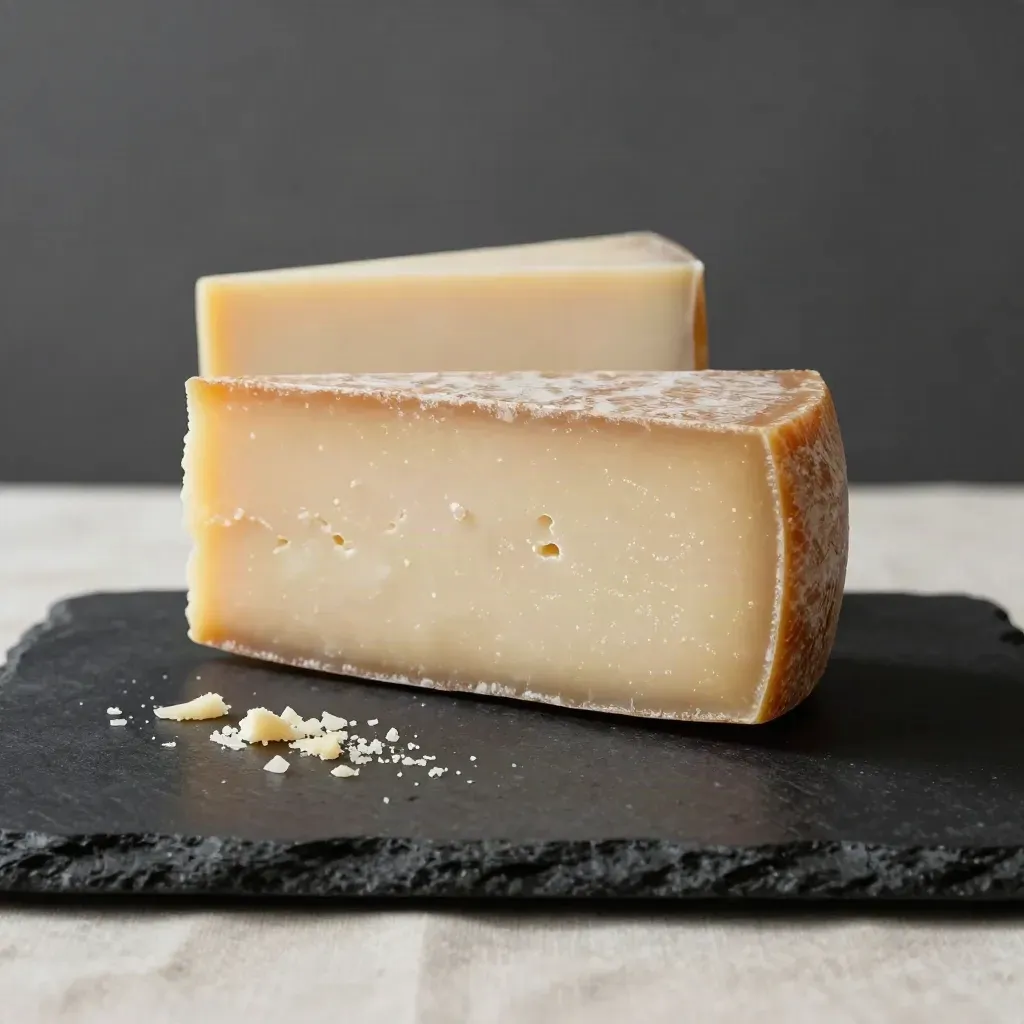 Mezza forma di Pecorino Romano su basalto, con scaglie sparse e luce soffusa.