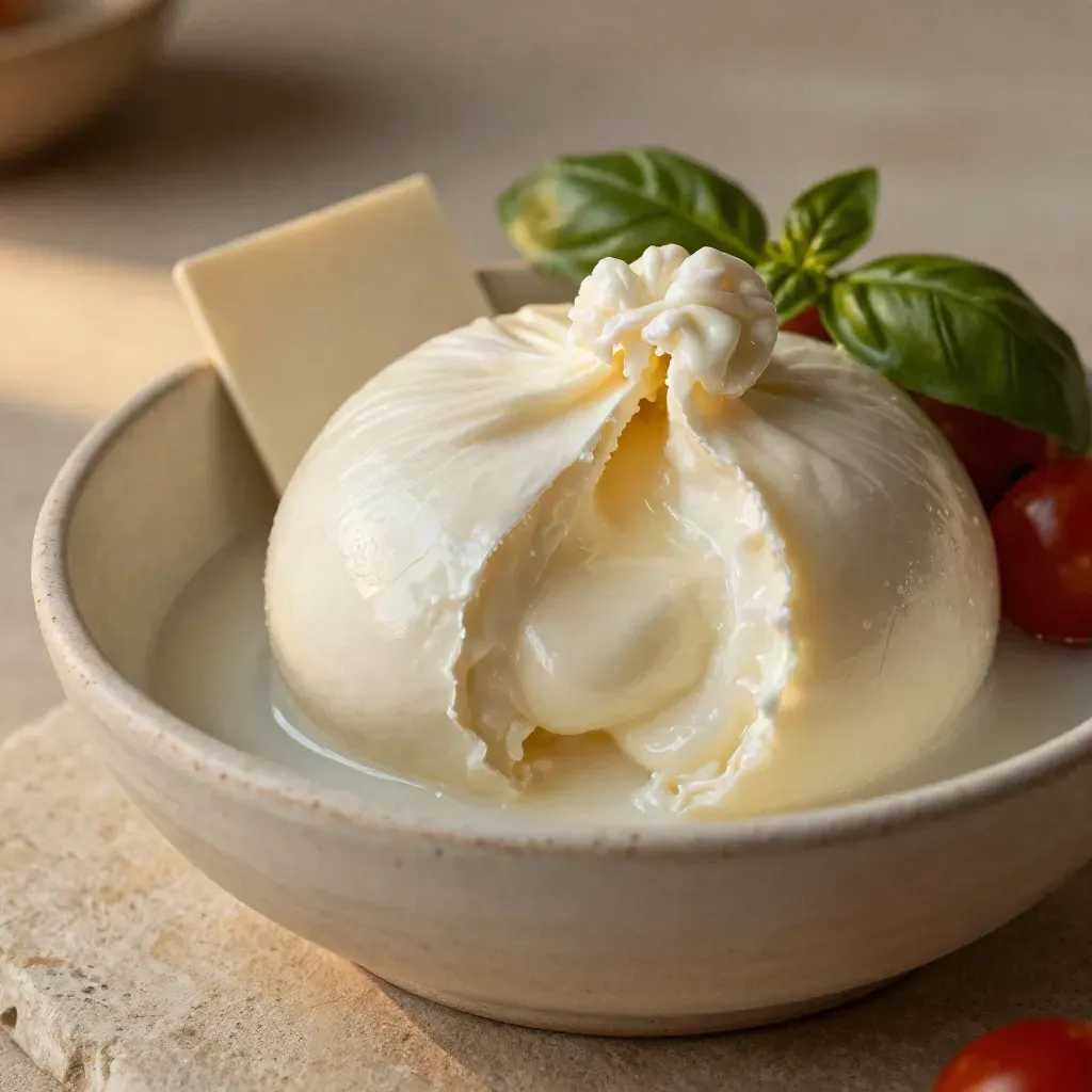 Burrata fresca in ciotola rustica con latte dolce, basilico sfocato e pomodorini