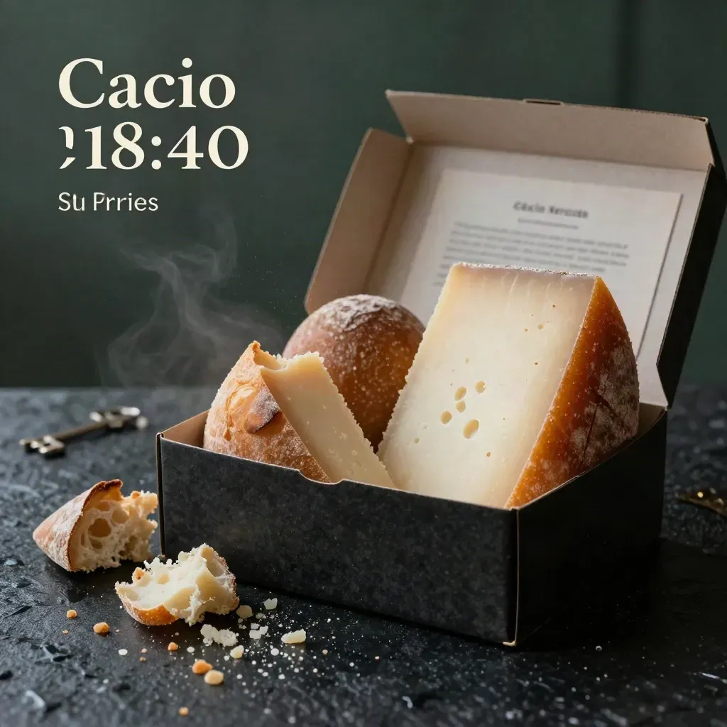 Box aperta di tre pecorini sardi con pane rustico, in luce drammatica su fondo scuro.