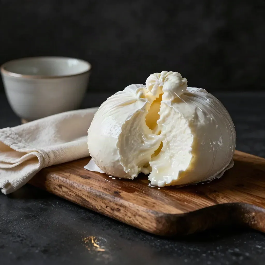 Ricotta di pecora fresca su fondo scuro con tessuto e ciotolina, luce drammatica