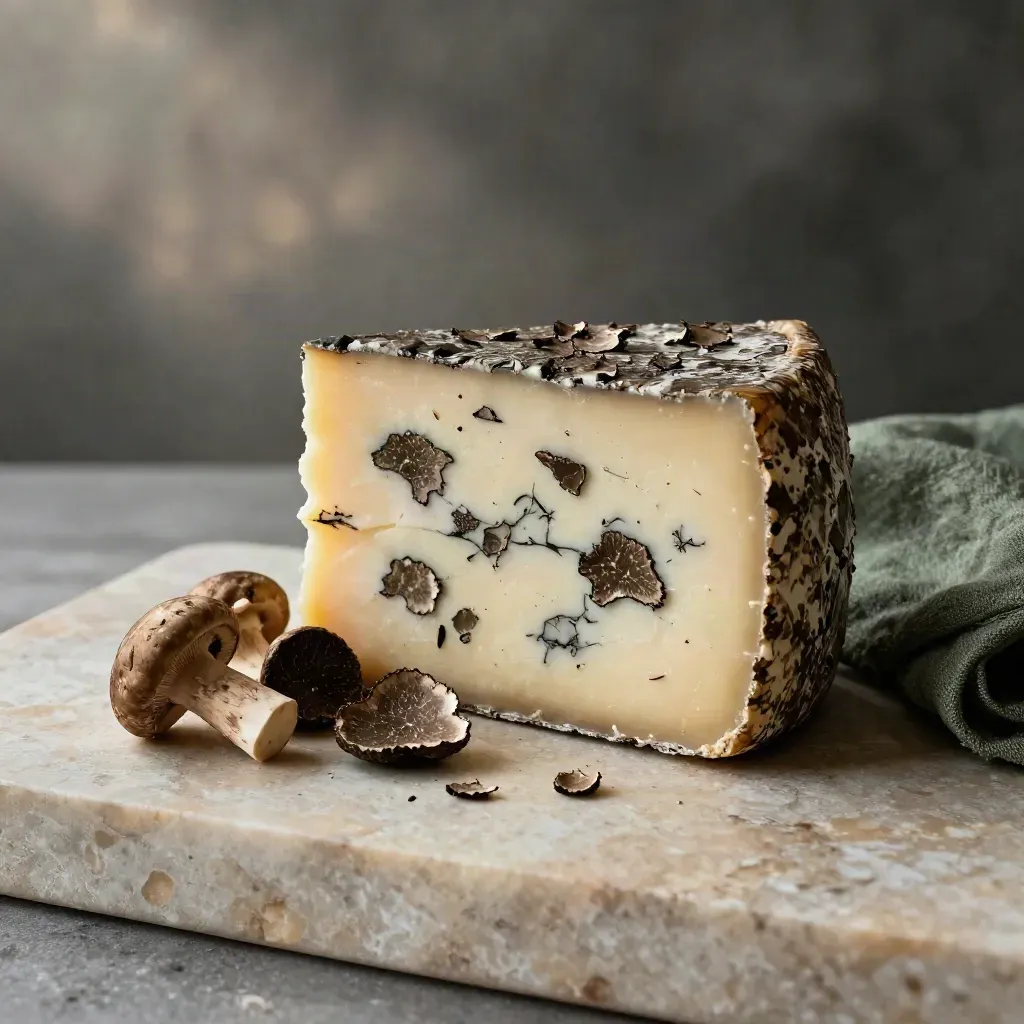 Toma al tartufo nero con fette, funghi e panno verde su pietra umida