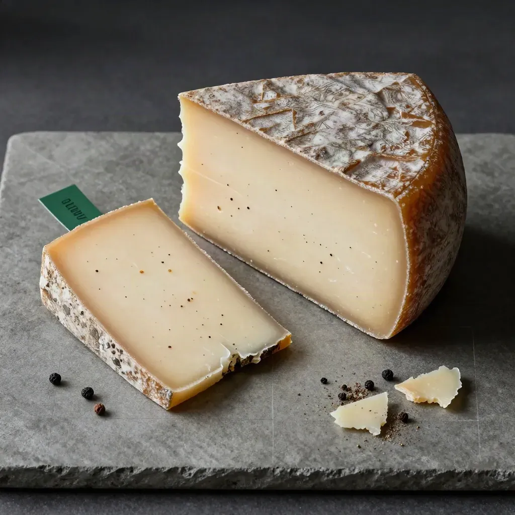 Pecorino al pepe nero con fetta ruotata, pepe in grani e fondo concreto