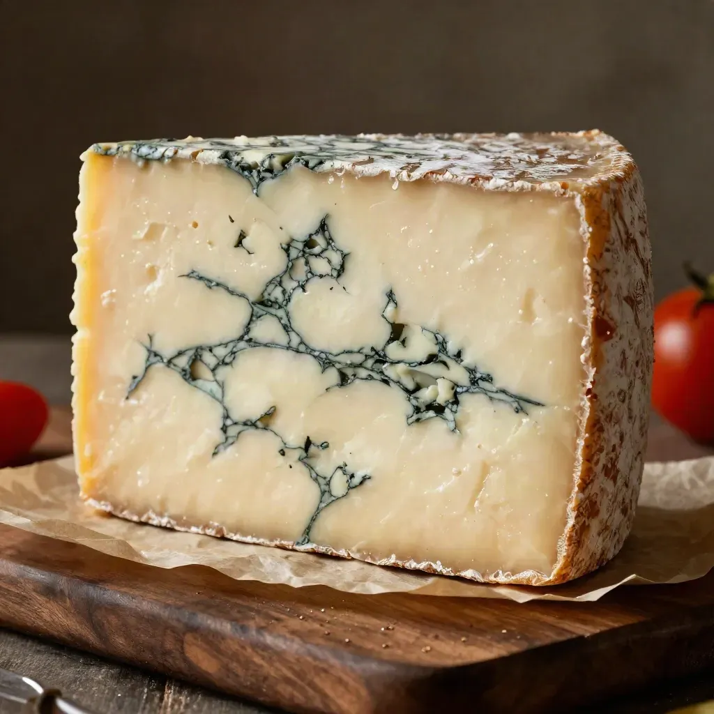Macro del Gorgonzola dolce con venature blu, taglio morbido e riflessi cremosi su noce