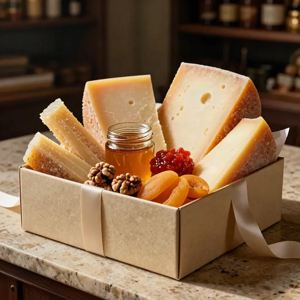 Box regalo aperta con formaggi, miele, composte e frutta secca su plinto di travertino.