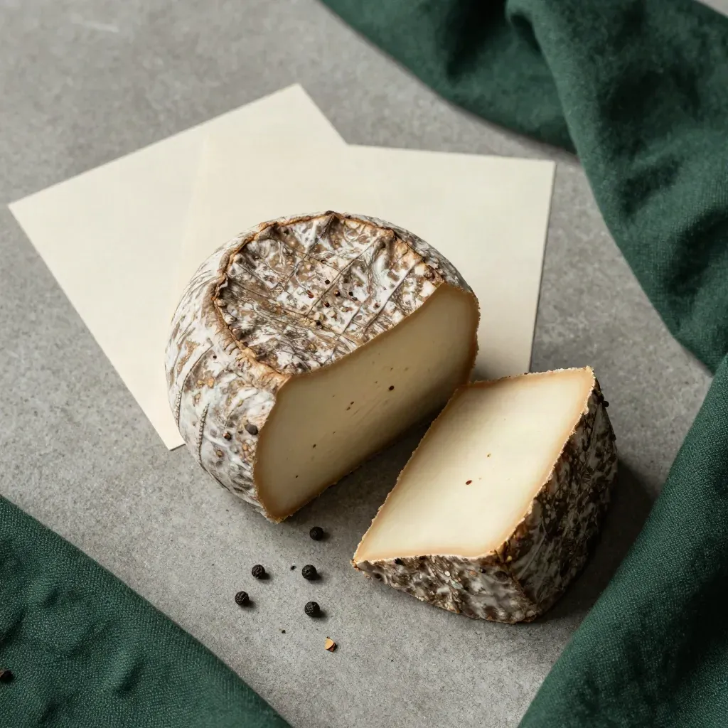 Flatlay zenitale di caciotta sarda al pepe nero con fetta ruotata e grani di pepe su cemento.
