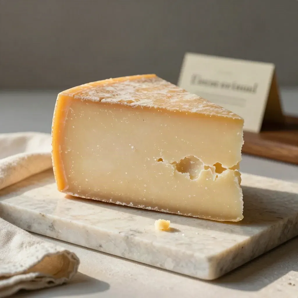 Pecorino toscano semistagionato con fetta davanti su travertino, luce calda e sfondo sfocato.