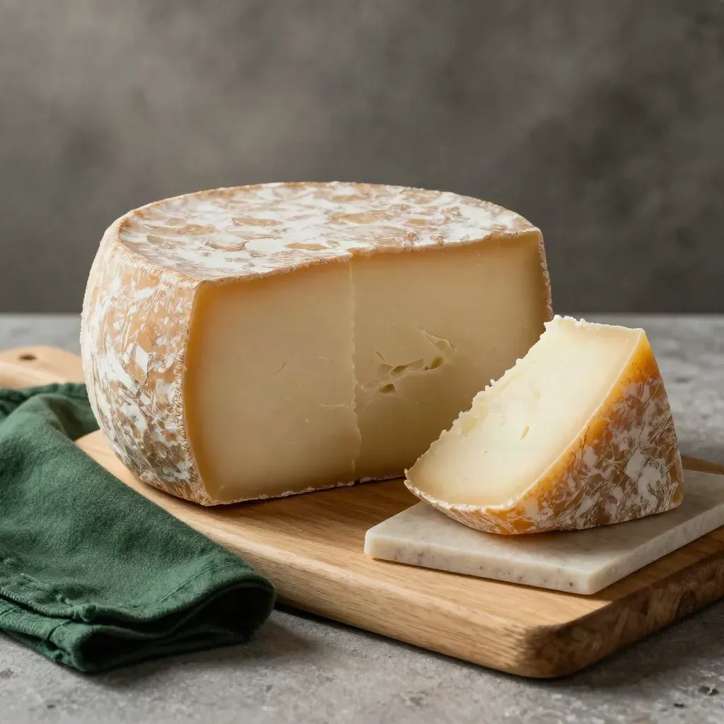 Forma di Taleggio d’alpeggio con fetta inclinata su legno, luce morbida e vapore alpino.