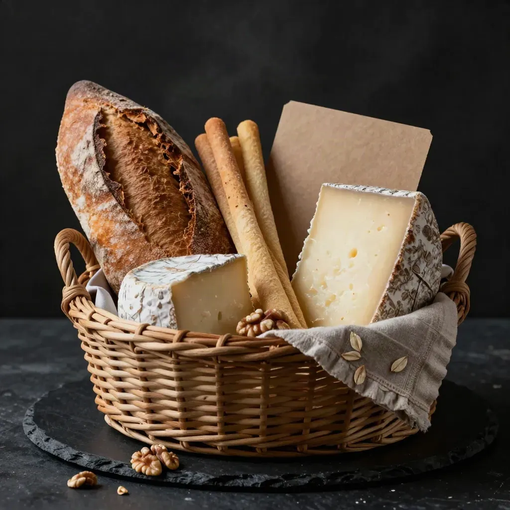 Cestino rustico con sei prodotti di formaggio, pane e noci su fondo scuro.