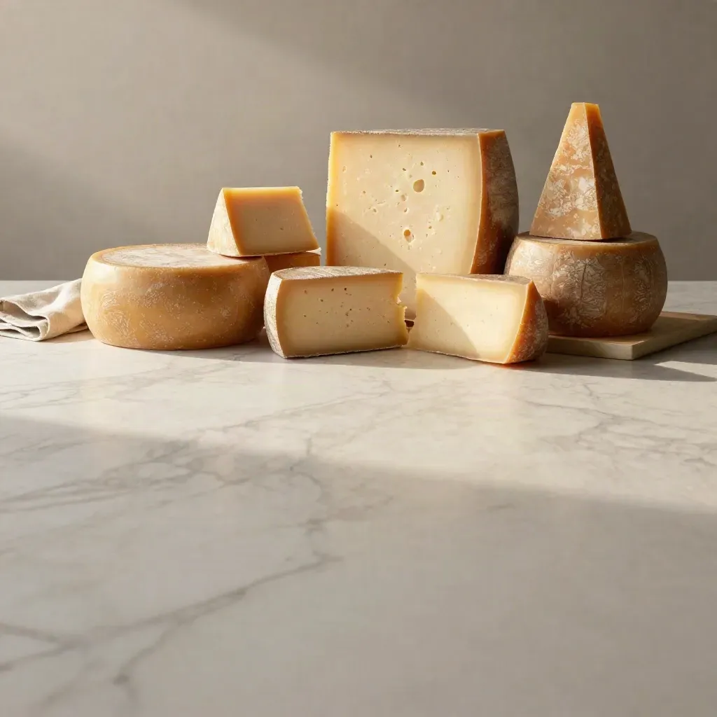Pecorini di stagione su marmo crema illuminato dal mattino, con spazio vuoto per il testo.