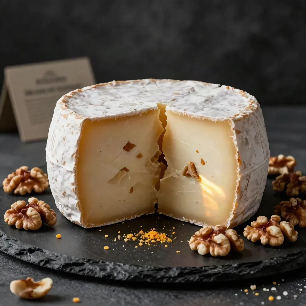 Forma di pecorino alle noci spezzata con noci intere e briciole su fondo scuro