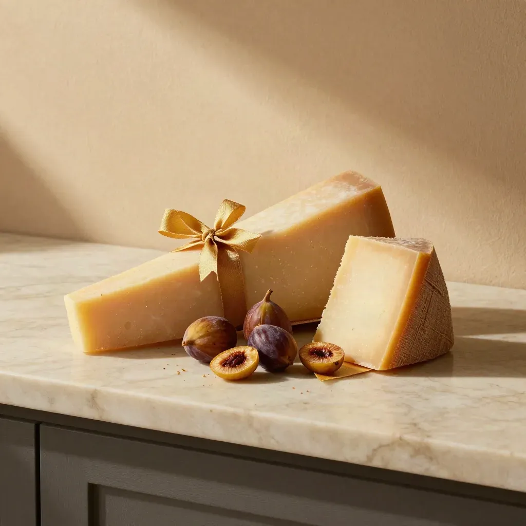 Scatole regalo kraft con nastri e frutta secca su marmo, luce dorata e spazio vuoto.