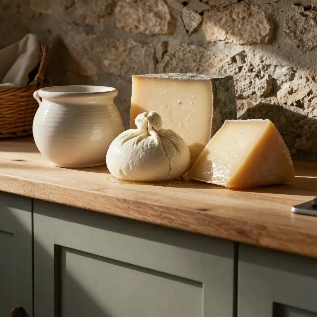 Formaggi freschi su banco di legno chiaro in cucina rustica, luce calda e muro in pietra.