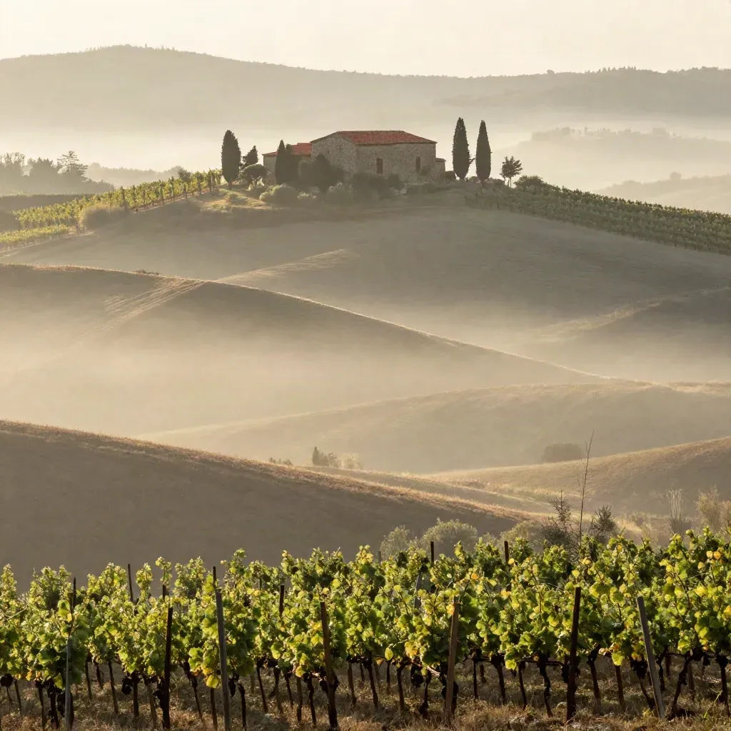 Collina nebbiosa con casale lontano e filari bassi, luce morbida del mattino.